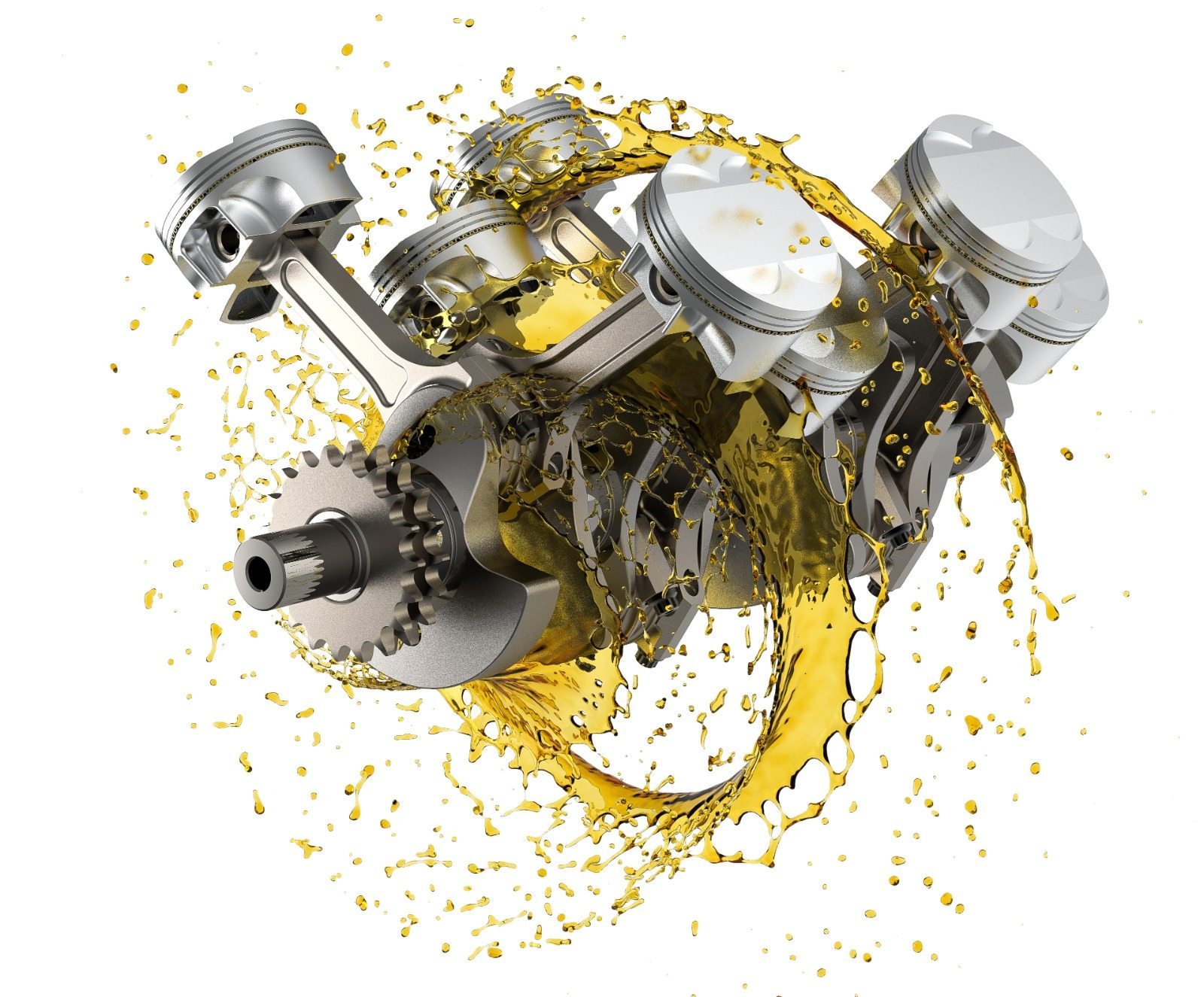 Engine pistons and crankshaft with a splash of industrial oil